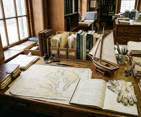A maritime archive worktable with aged nautical charts, a facsimile of a nineteenth-century